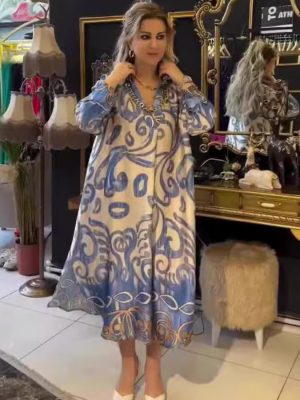 Summer V-Neck Printed Long Sleeve Loose Dress Women