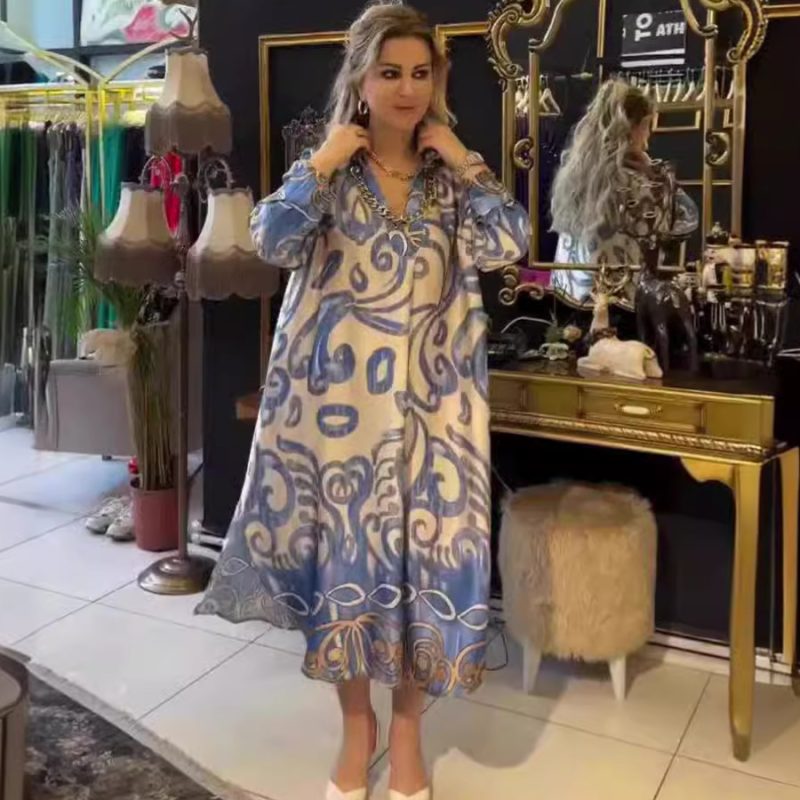 Summer V-Neck Printed Long Sleeve Loose Dress Women