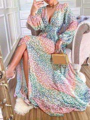 Women’s Leopard Print Deep V Lantern Sleeve Maxi Dress