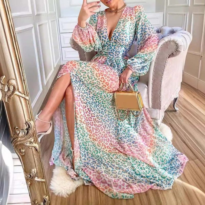 Women’s Leopard Print Deep V Lantern Sleeve Maxi Dress