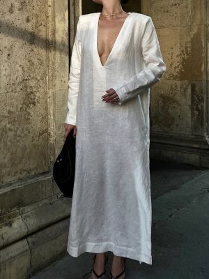 French V-Neck Cotton White Casual Dress