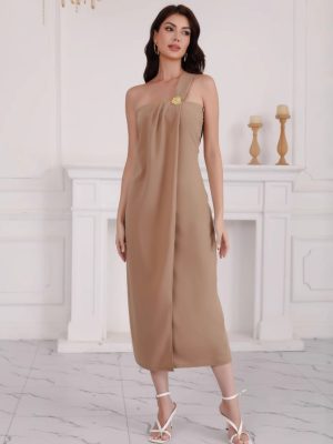 Elegant Asymmetric One-Shoulder Floral Brooch Summer Dress