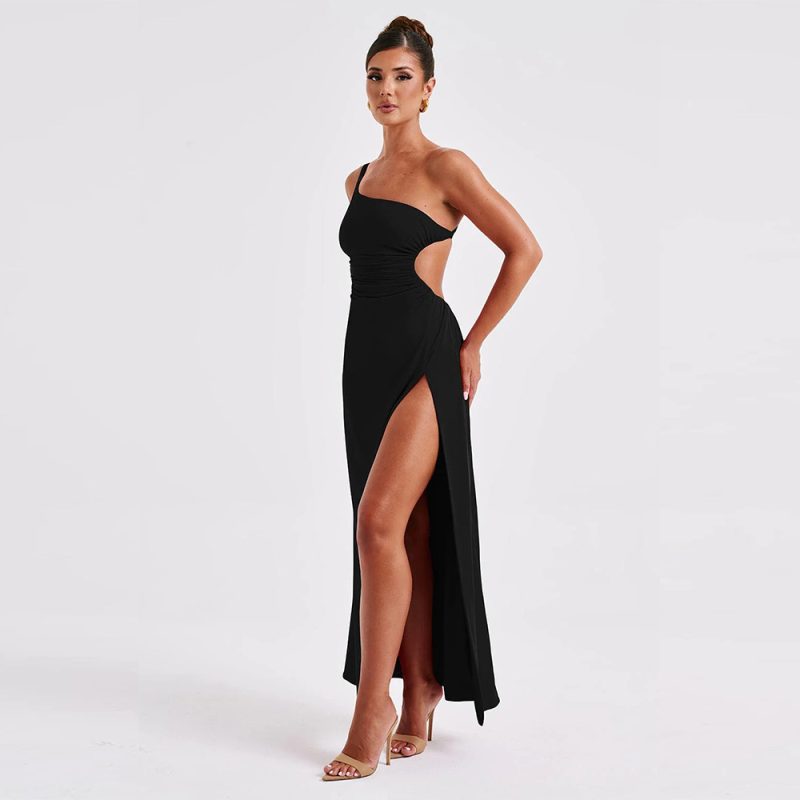 Backless Cold Shoulder High Slit Maxi Dress - Image 3
