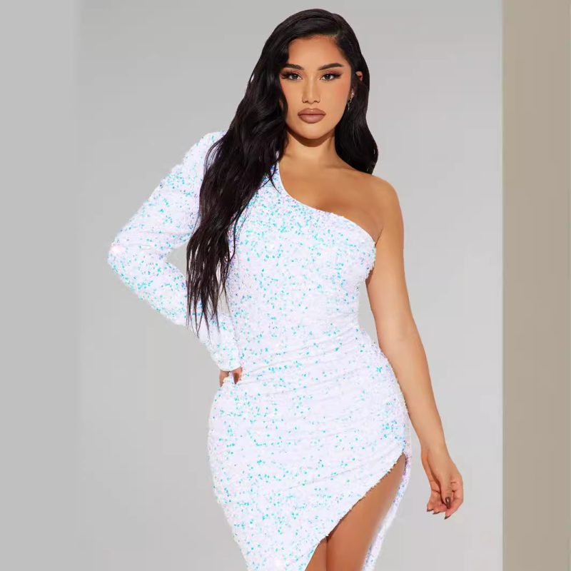 Women’s Sequined One Shoulder Long Sleeve Dress - Image 3