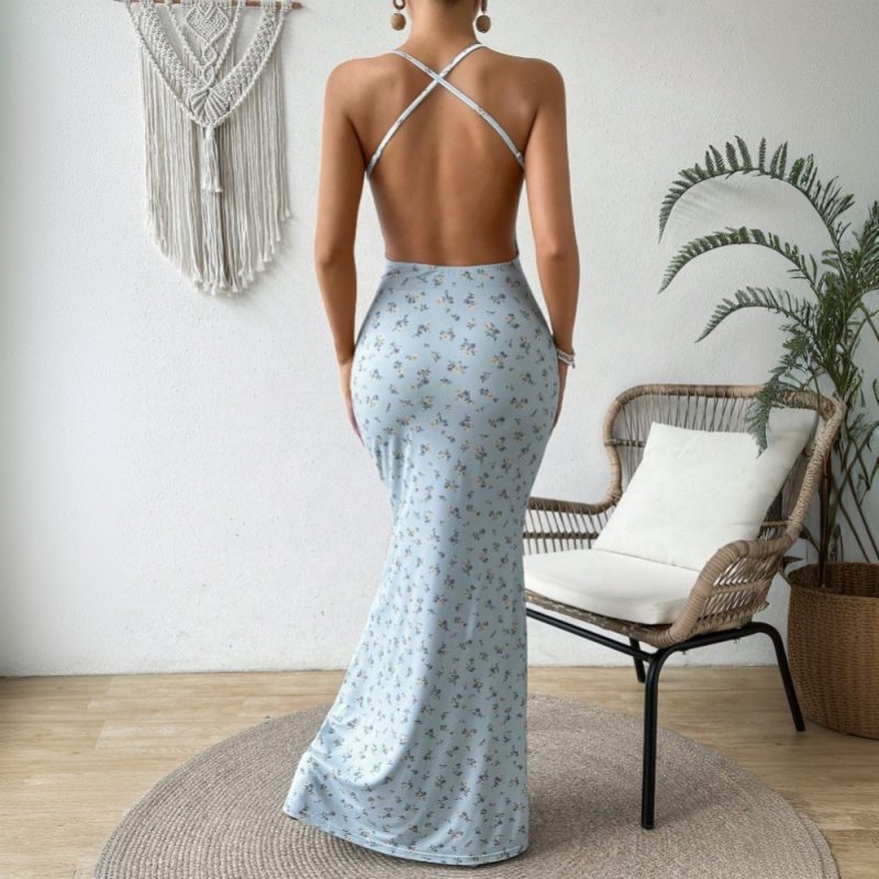 Spring Summer Women Floral Halter Backless Maxi Dress - Image 3