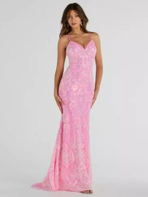 Lace-Up Mermaid Sequin Pink Spring Summer Dress