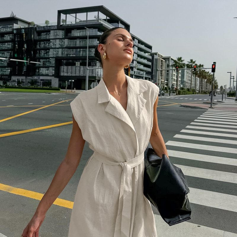 Women’s Cotton Linen Belted Office Dress - Image 3