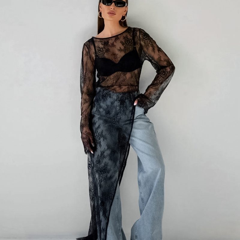Black Lace See Through Asymmetric Maxi Dress - Image 2
