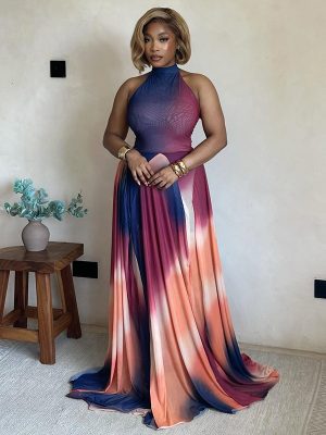 Women Gradient Waist A-Line Backless Maxi Dress