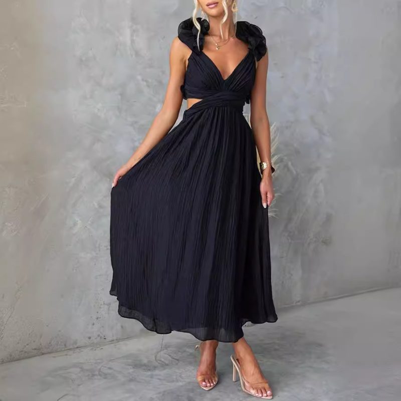 Summer Sleeveless Solid Color Lace Up Dress - Image 2