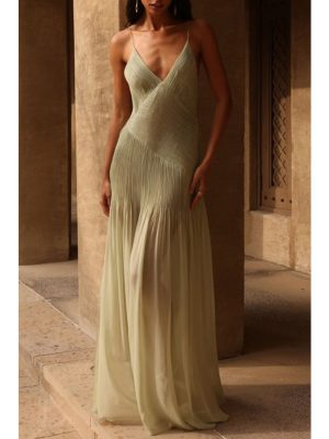 Spring Summer Pleated Sling Sheer Vacation Dress
