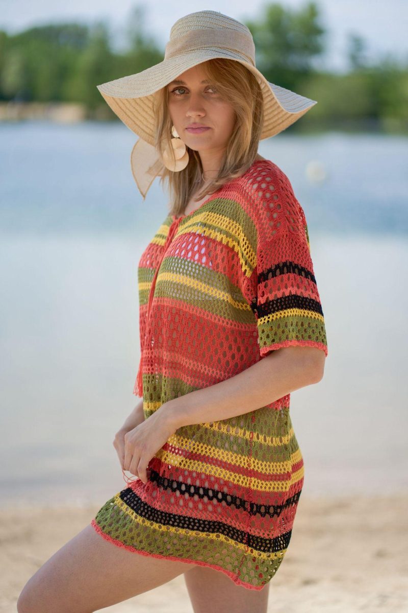 Striped Knit Cutout Beach Cover Up Shirt - Image 2