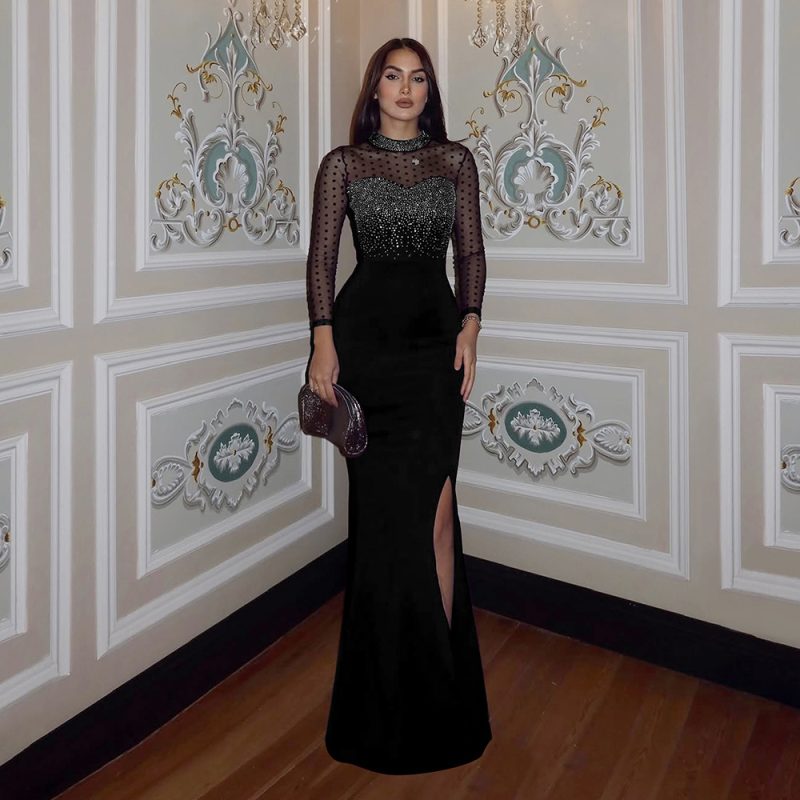 Mesh Patchwork Long Sleeve Slim Fit Formal Dress