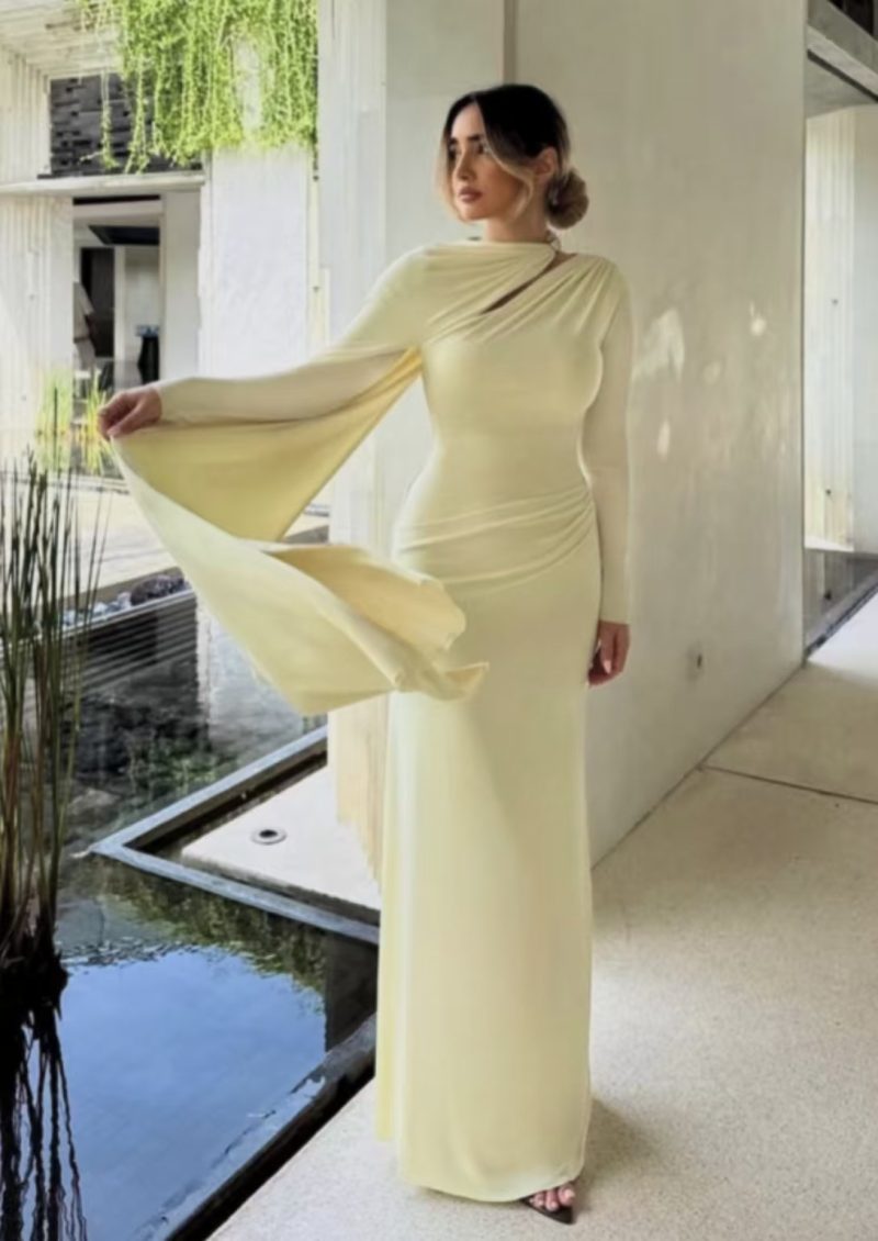 Elegant Pleated Cloak Long Slim Dress for Women - Image 3