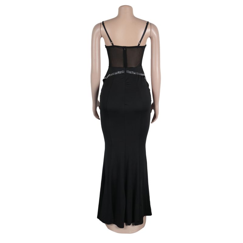 Rhinestone Mesh Lace Hip Elastic Sling Dress - Image 3
