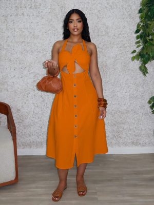 Elegant Solid Color Twist Halter Smocked Dress