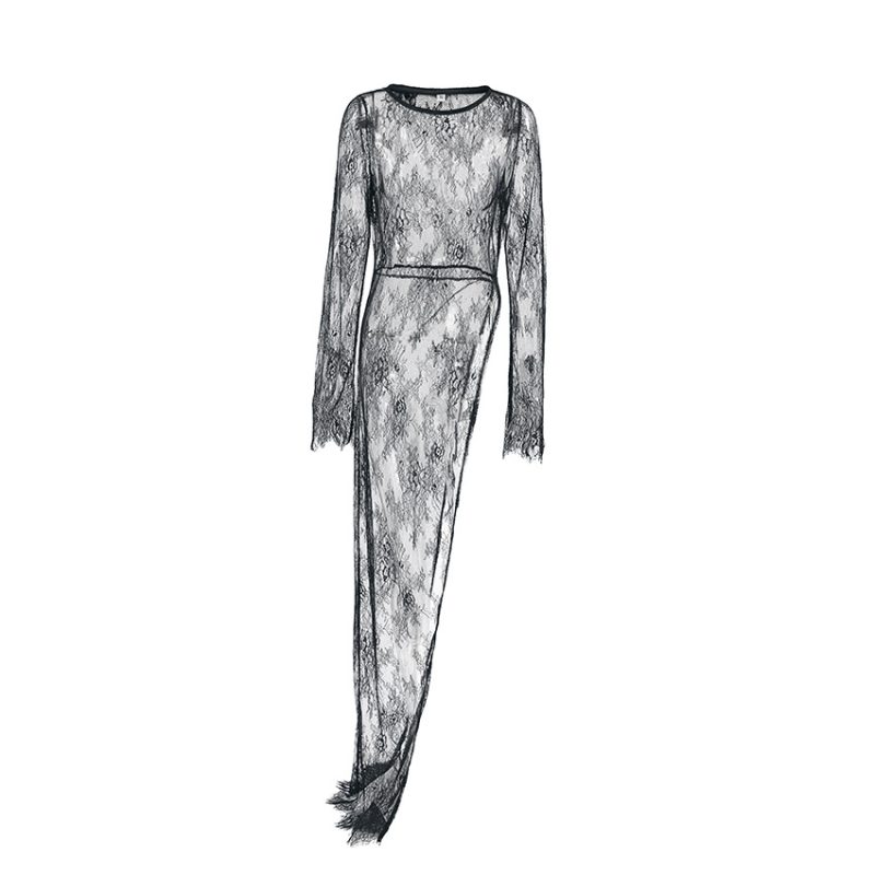 Black Lace See Through Asymmetric Maxi Dress - Image 3