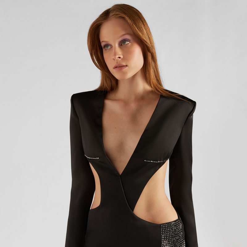 Women’s Black Rhinestone Cut Out Split Dress - Image 3