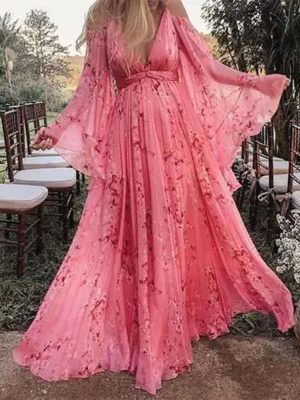 Printed Deep V Batwing Sleeve Pleated Maxi Dress
