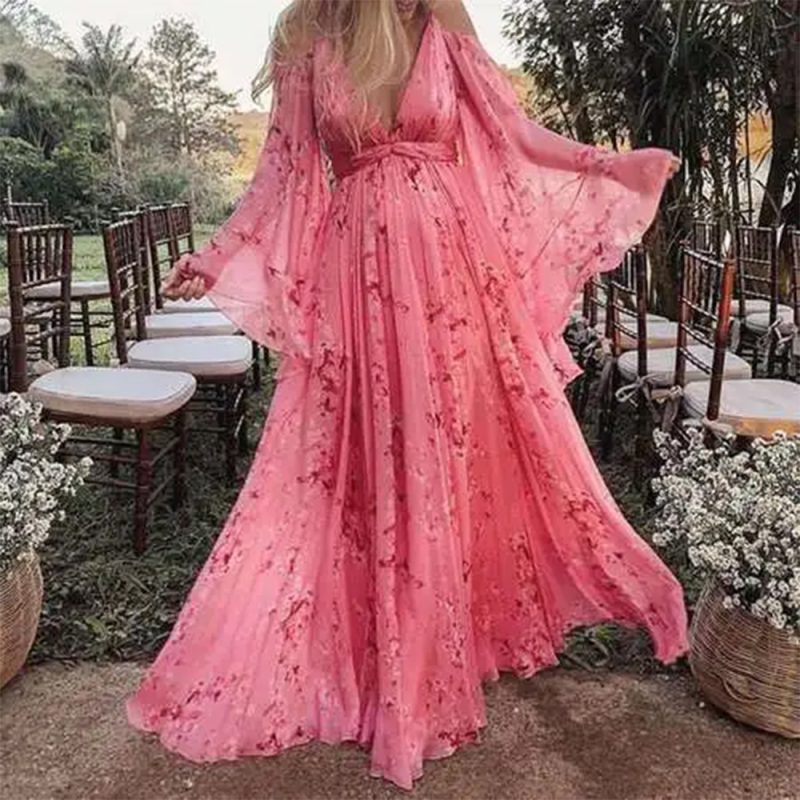 Printed Deep V Batwing Sleeve Pleated Maxi Dress
