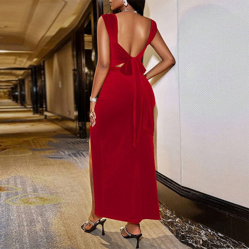 Velvet Elegant Square Collar Backless Sheath Dress - Image 2