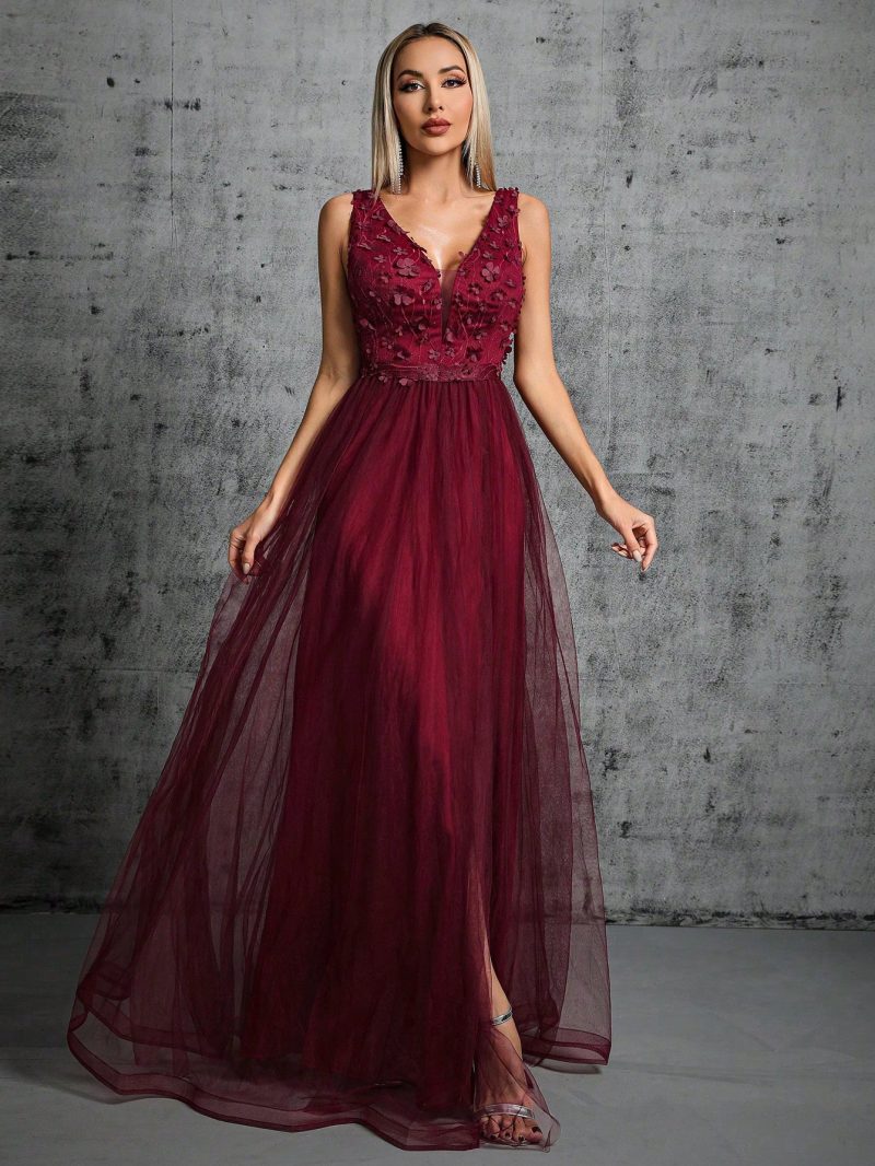 Chiffon Double V-Neck Sleeveless A-Line Sequin Dress - Image 3