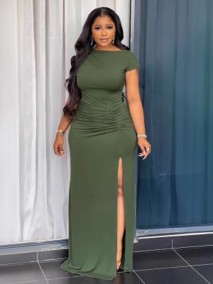 Elegant Women’s Tight Waist Pleated Boat Neck Dress