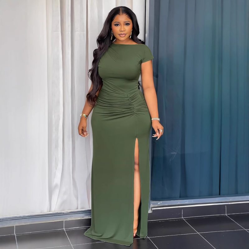 Elegant Women’s Tight Waist Pleated Boat Neck Dress