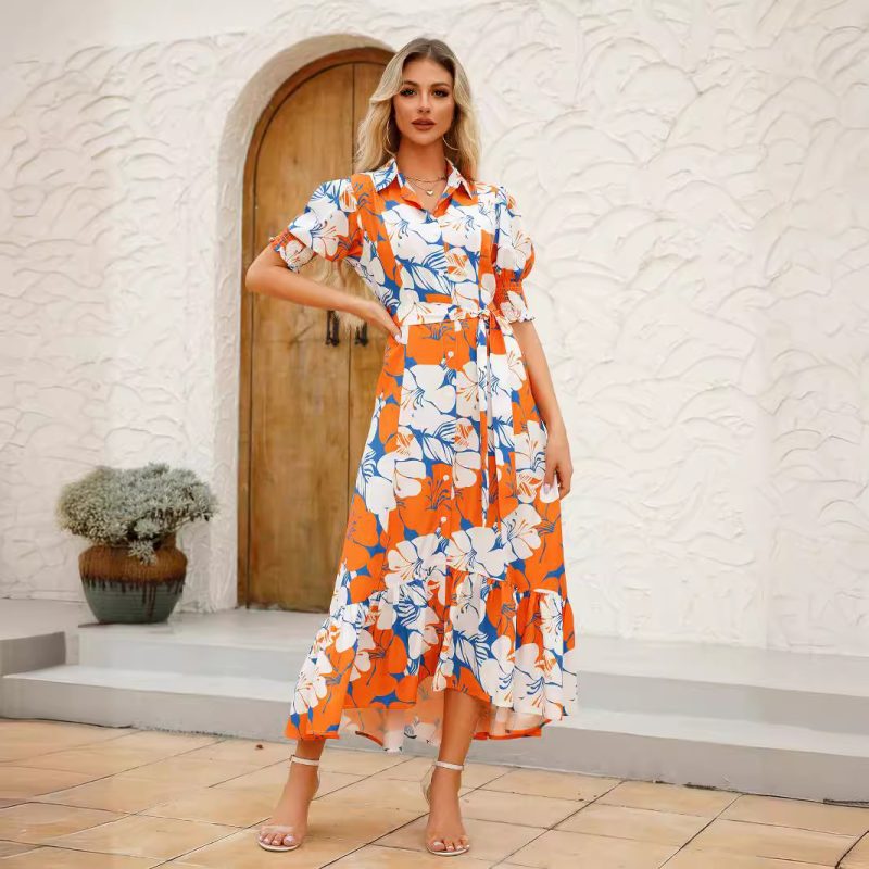 Summer Printed Polo Collar Lace-Up Waist Dress - Image 2