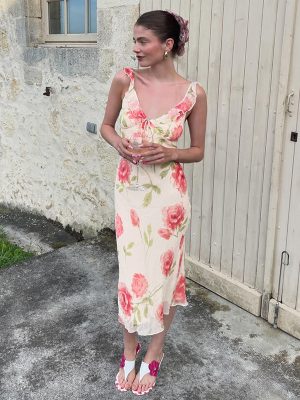 Floral Mesh V-Neck Slim Vacation Dress
