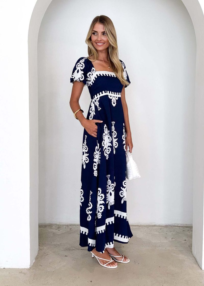 Summer Vacation Printed Smocked Beach Dress - Image 2