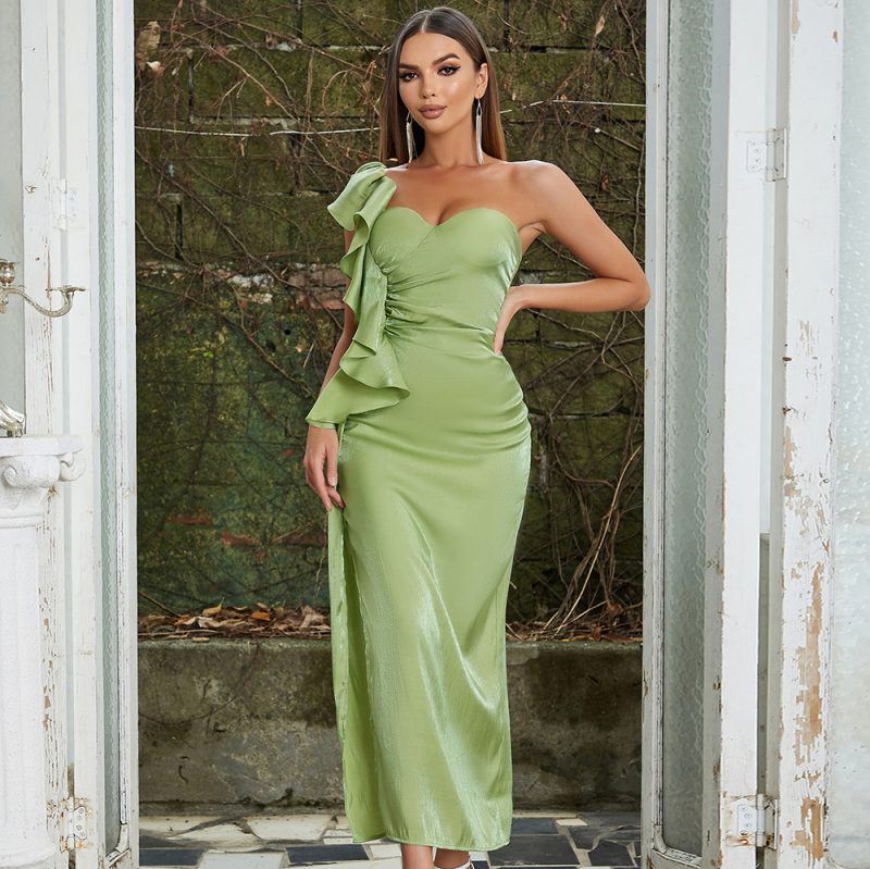 One Shoulder Ruffle Spaghetti Strap Slim Dress