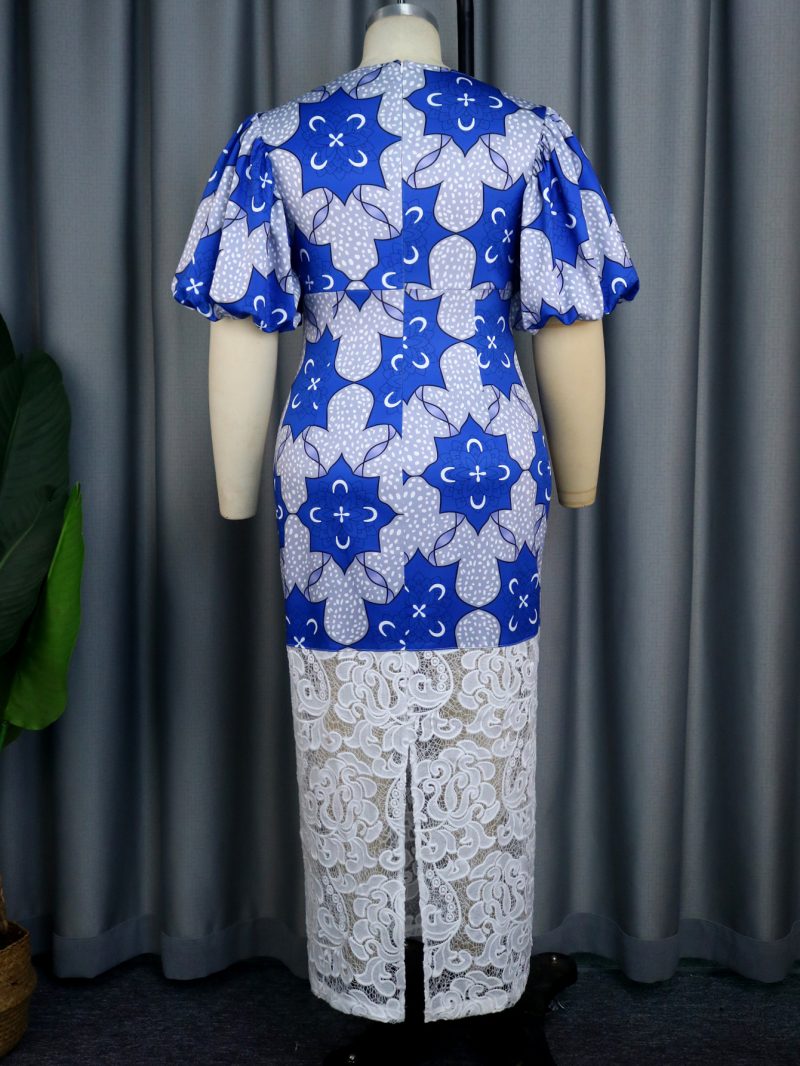 Women’s Printed Lace Stitch Lantern Sleeve Dress - Image 3