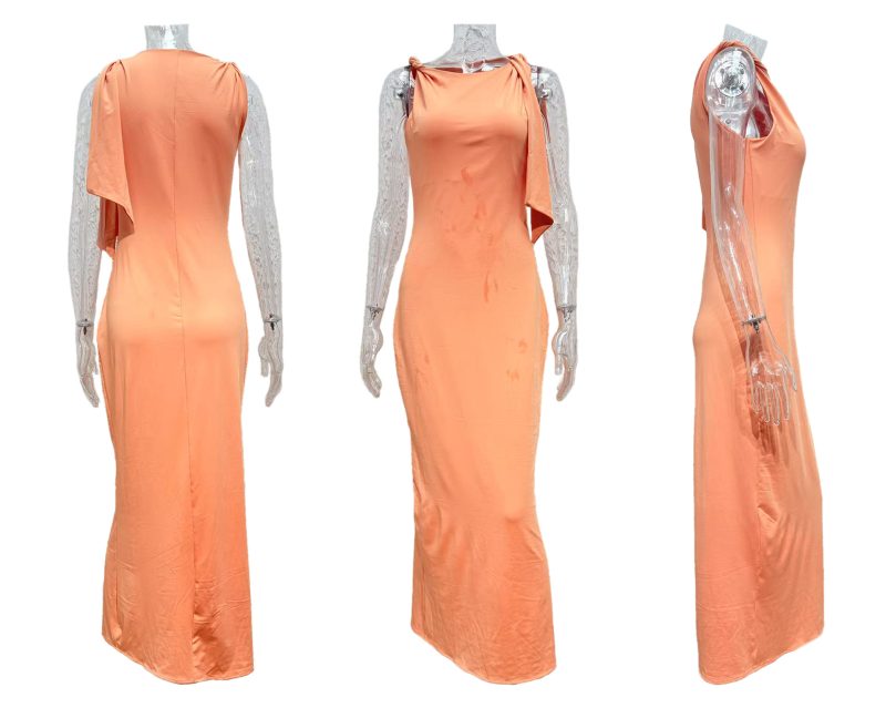 Summer Single Shoulder Ribbon Solid Color Dress - Image 4