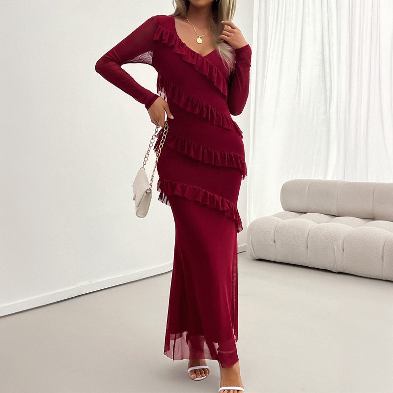 Autumn Winter Long Sleeve Slim Fit Mesh Dress - Image 2