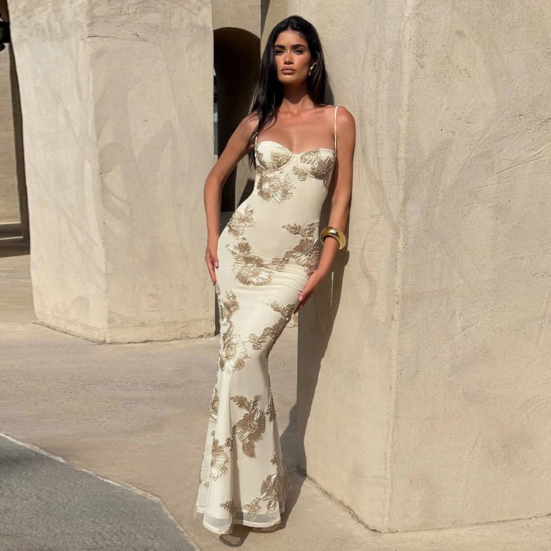 Women’s Summer Backless Lace-Up Slim Fit Maxi Dress
