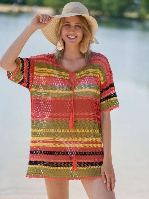 Striped Knit Cutout Beach Cover Up Shirt