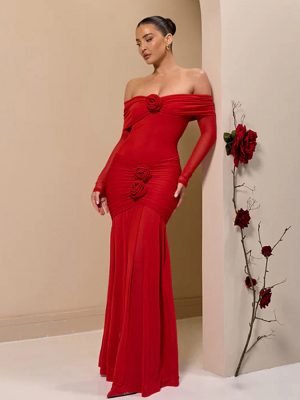 Elegant Women’s Pleated Floral Off Shoulder Spring Dress