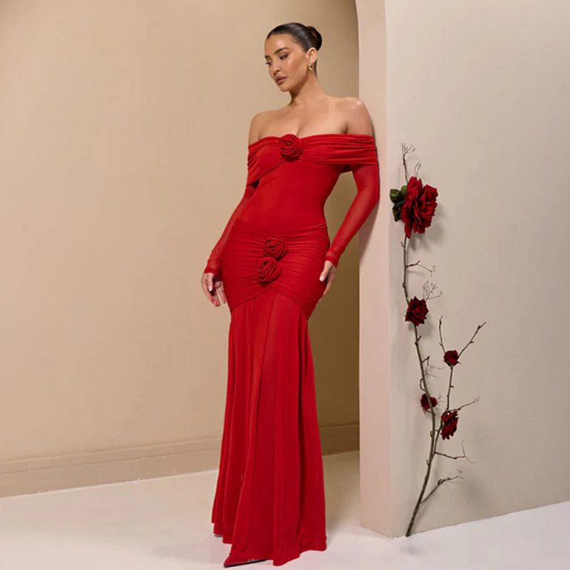 Elegant Women’s Pleated Floral Off Shoulder Spring Dress
