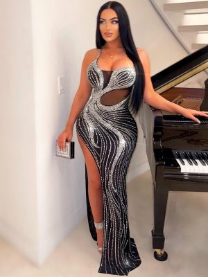 Chic Women’s Rhinestone Strap Hip Split Party Dress