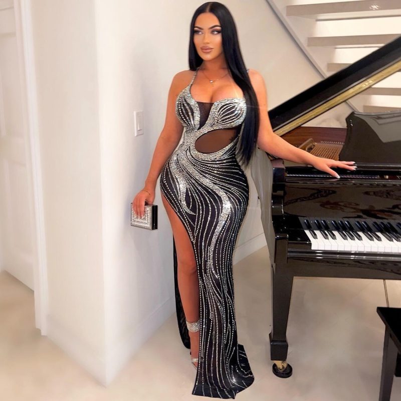 Chic Women’s Rhinestone Strap Hip Split Party Dress