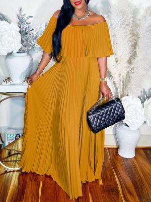 Trendy Off Shoulder Pleated Evening Dress for Women