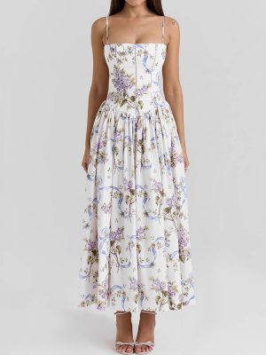 Summer Printed Slip Maxi Dress Backless Slim Fit