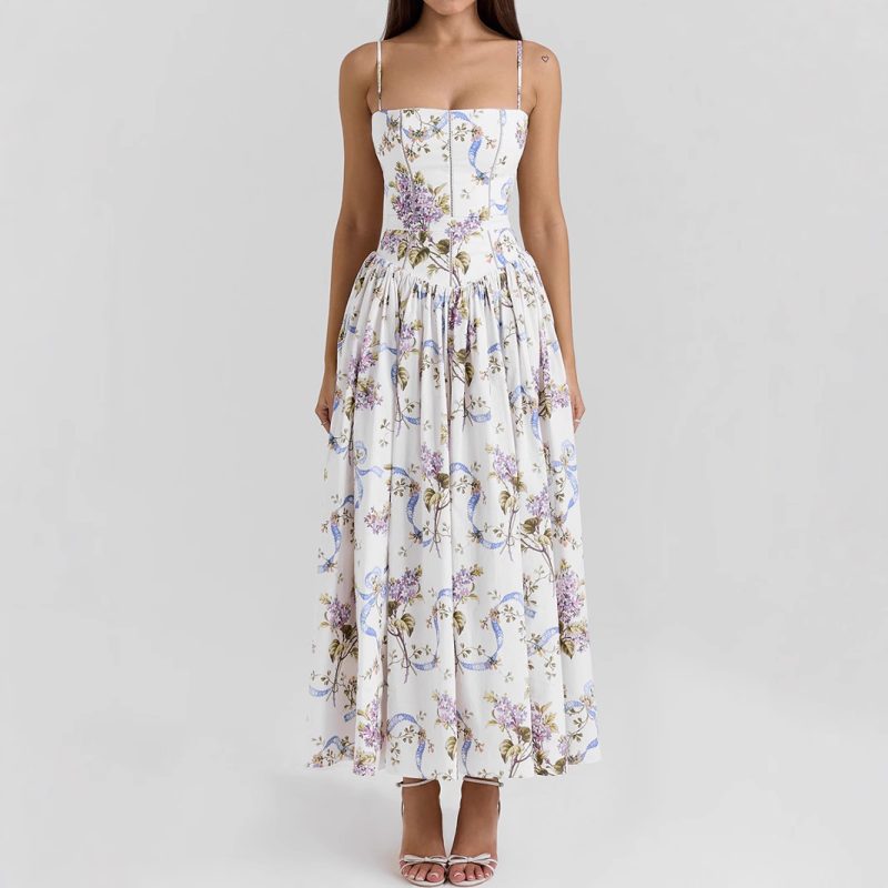Summer Printed Slip Maxi Dress Backless Slim Fit