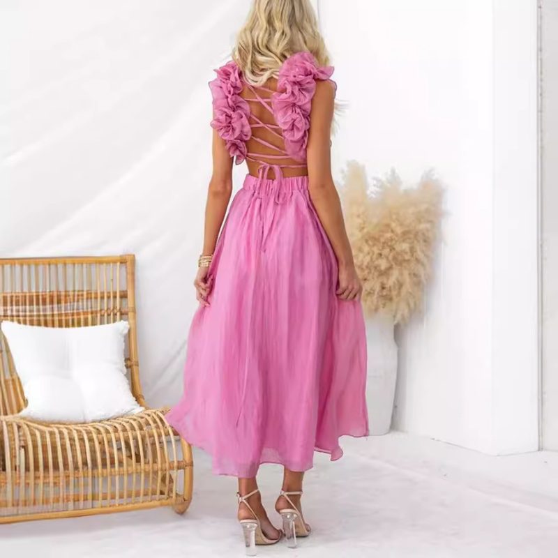 Summer Sleeveless Solid Color Lace Up Dress - Image 3