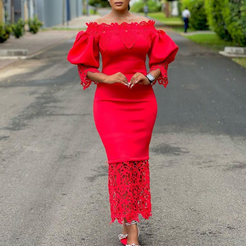 Classic Off-Shoulder Neck Elegant Lace Stitching Dress - Image 2