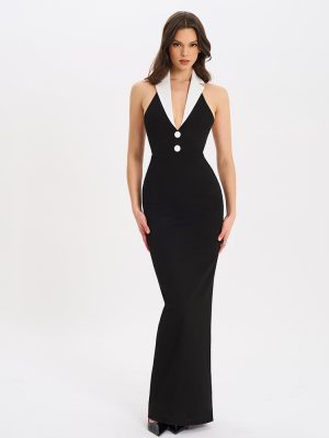 Elegant Collared Backless Slit Summer Dress