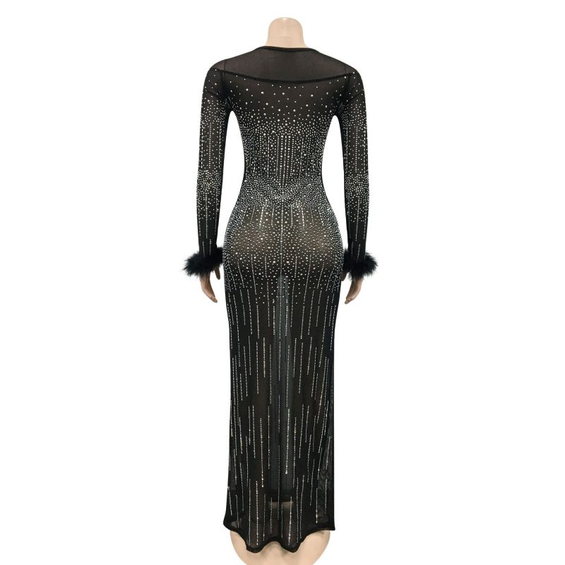 Nightclub Rhinestone Mesh Long Sleeve Women Dress - Image 3