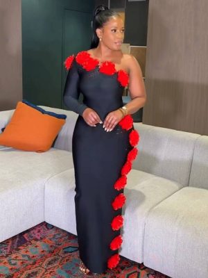 One Shoulder Beaded Red Floral Bandage Evening Dress