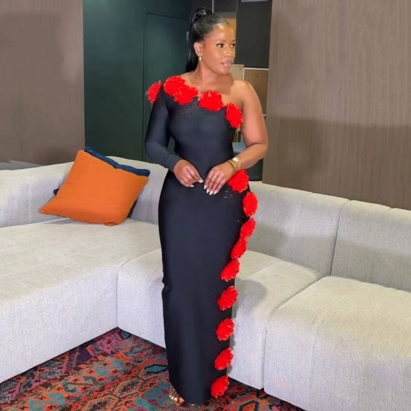 One Shoulder Beaded Red Floral Bandage Evening Dress